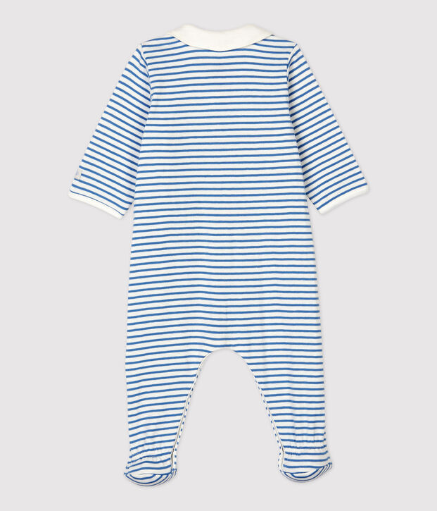 Baby-Strampler aus Bio-Baumwolle mit Kragen und blauem Streifenmuster weiss/blau